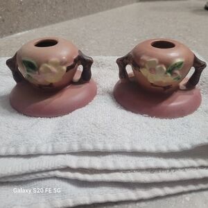 Roseville Apple Blossom candleholders-pair